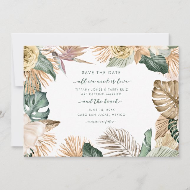 Tropical Floral Love and the Beach Photo Save The Date (Front)