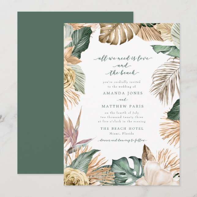 Tropical Floral Love and the Beach Wedding Invite (Front/Back)