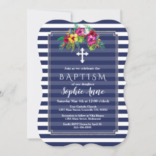 Tropical Floral Luau Navy Blue Baptism Invite