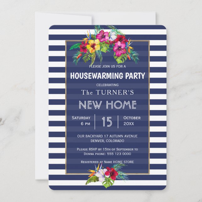 Tropical Floral Luau Navy Blue Housewarming Party Invitation (Front)