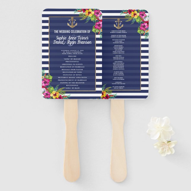 Tropical Floral Luau Navy Blue Stripes Program Hand Fan (Front and Back)