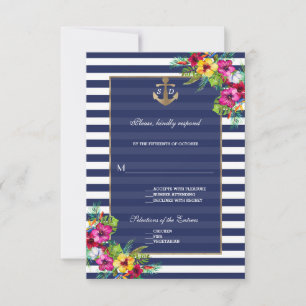 Tropical Floral Luau Navy Blue Stripes RSVP Card
