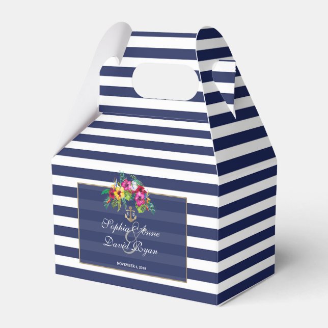 Tropical Floral Luau Navy Blue Stripes Wedding Favour Box (Front Side)