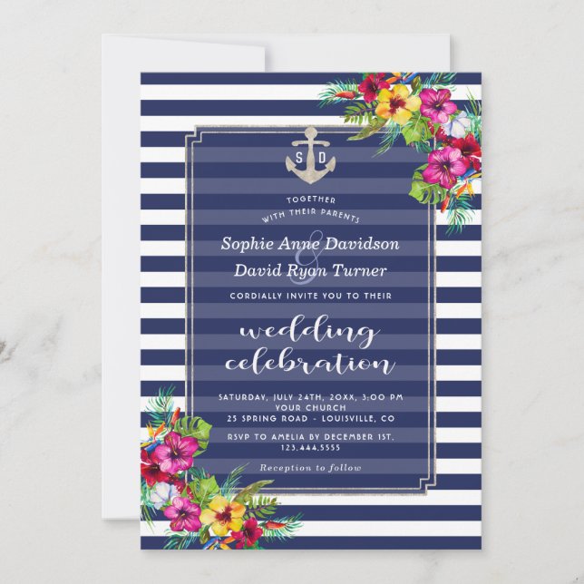 Tropical Floral Luau Navy Blue Stripes Wedding Invitation (Front)