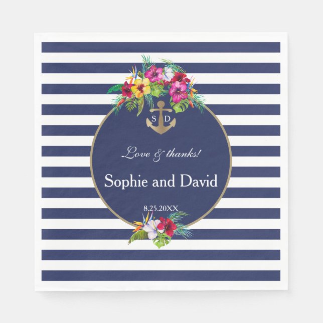 Tropical Floral Luau Navy Blue Stripes Wedding Napkin (Front)