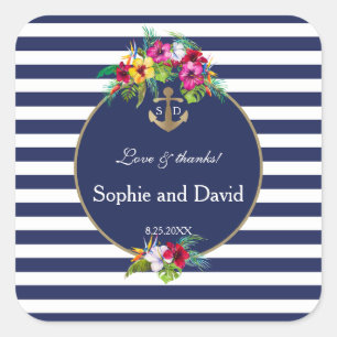 Tropical Floral Luau Navy Blue Stripes Wedding Square Sticker