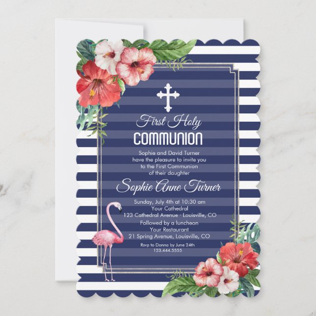 Tropical Floral Luau Navy First Holy Communion Invitation (Front)