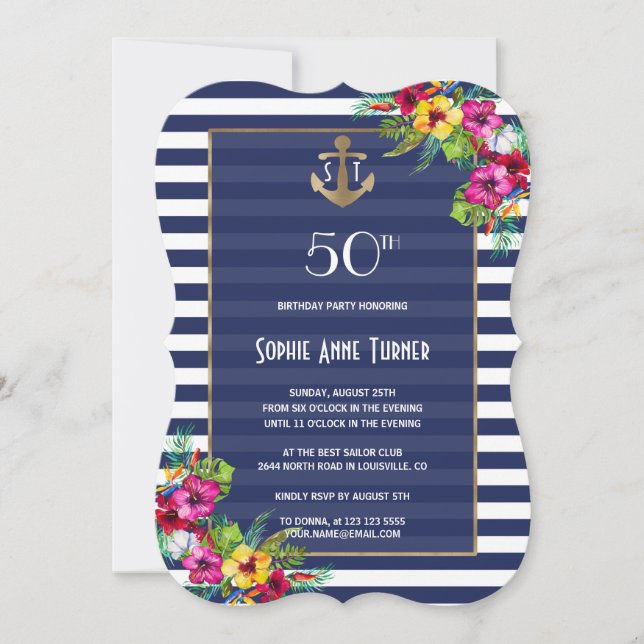 Tropical Floral Luau Navy Stripes Birthday Party Invitation (Front)