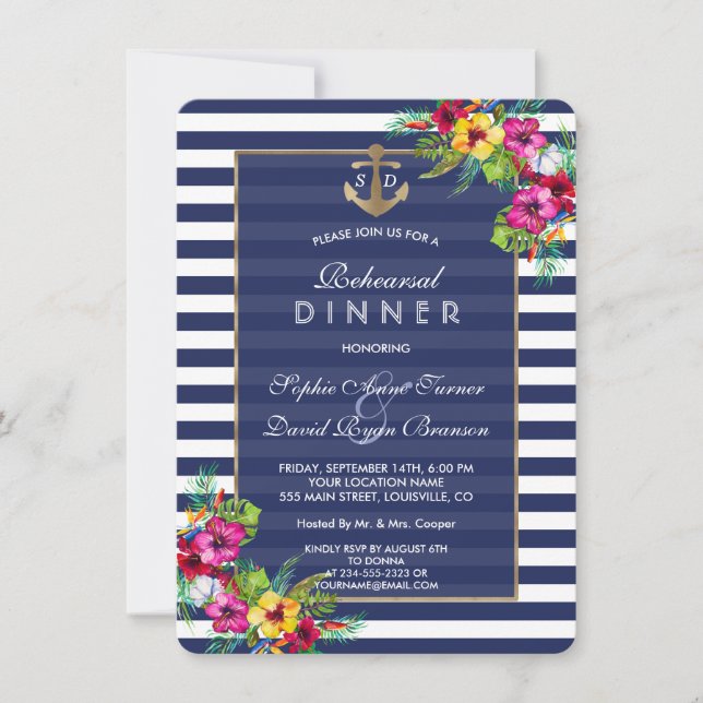 Tropical Floral Luau Navy Stripes REHEARSAL DINNER Invitation (Front)