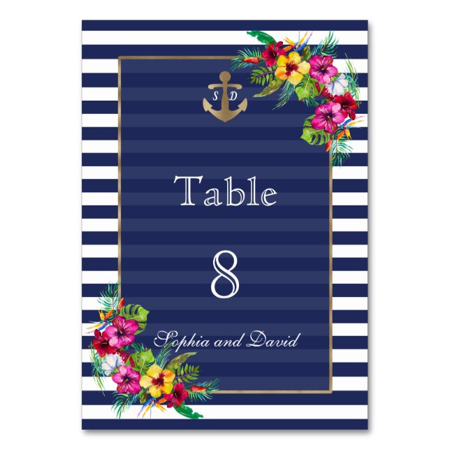 Tropical Floral Luau Navy Stripes Table Number (Front)