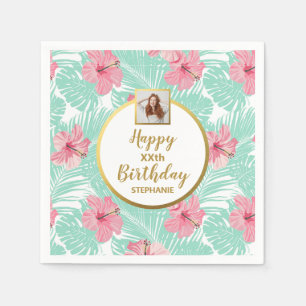 Tropical Floral Luau Palm Leaves Birthday Photo Napkin