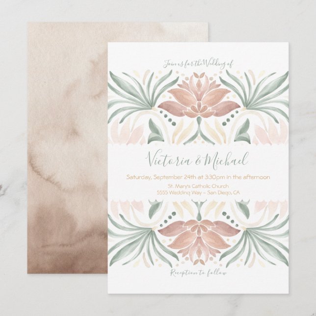 Tropical Floral Mexican tile wedding Invitation (Front/Back)