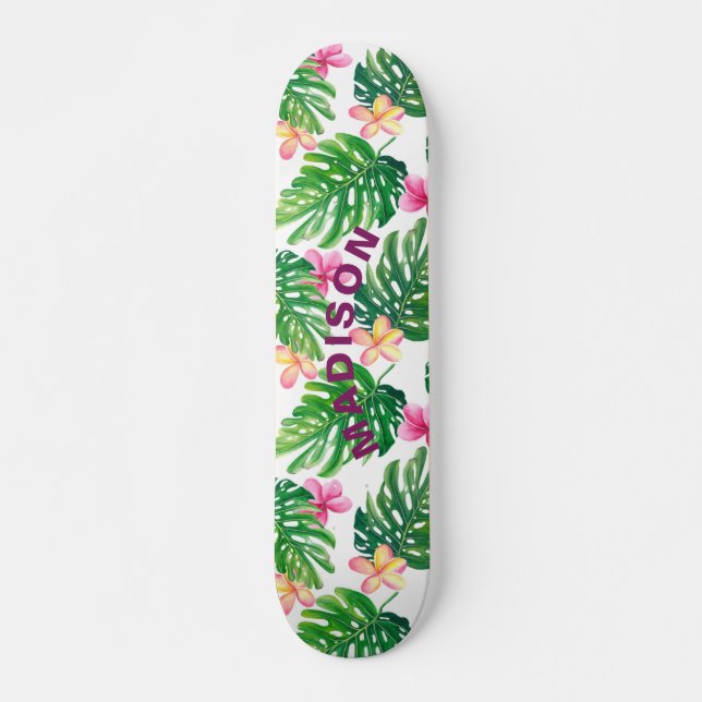 Tropical Floral Modern Girly Personalised Skateboard (Front)