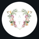 Tropical Floral Monogram Wedding Classic Round Sticker<br><div class="desc">Welcome to the world of the tropics with our Tropical Floral Monogram Wedding sticker! This stunning design features a colourful tropical monogram crest with cute hummingbirds,  that are sure to catch your guests' eyes. The monogram crest is adorned with tropical flowers such as hibiscus,  ginger,  orchid and tropical greenery.</div>