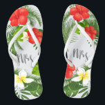 Tropical Floral Mrs Bride ID475 Flip Flops<br><div class="desc">Create special flipflops for the bride with this beautiful design featuring lush tropical foliage and colourful floral accents. The eye-catching 'mrs' script text is optional and can be deleted to use the template for other occasions. Search ID475 to see other products with this design including matching wedding stationery and more....</div>