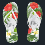 Tropical Floral Mrs Bride ID475 Flip Flops<br><div class="desc">Create special flipflops for the bride with this beautiful design featuring lush tropical foliage and colourful floral accents. The eye-catching 'mrs' script text is optional and can be deleted to use the template for other occasions. Search ID475 to see other products with this design including matching wedding stationery and more....</div>