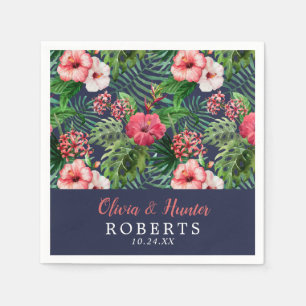 Tropical Floral Navy Pink Hibiscus Palm Wedding Napkin