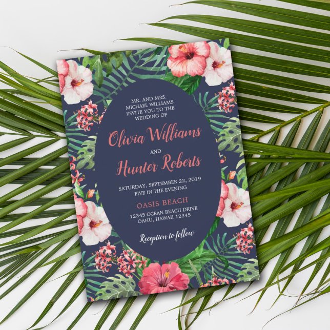 Tropical Floral Navy with Pink Hibiscus Wedding Invitation (Creator Uploaded)