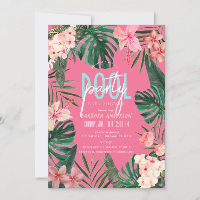 Tropical Floral Neon Pink Girl Baby Shower Invitation (Front)