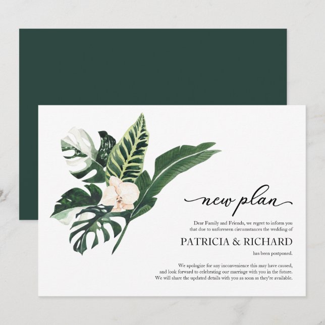 Tropical Floral New Plan Wedding Postponement Invitation (Front/Back)