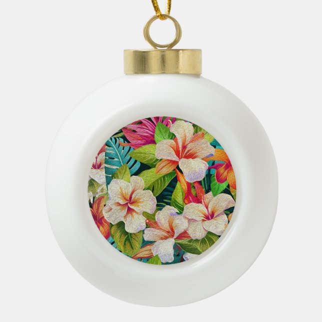 Tropical Floral Oil Painting Style Ceramic Ball Christmas Ornament (Front)