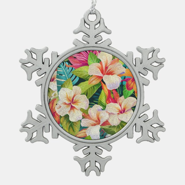 Tropical Floral Oil Painting Style Snowflake Pewter Christmas Ornament (Front)