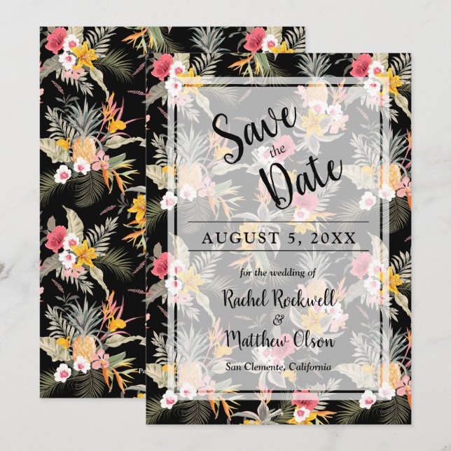 Tropical Floral on Black Wedding Save the Date (Front/Back)