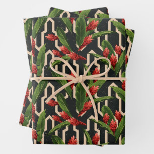 Tropical Floral on Geometric Black Wrapping Paper Sheet