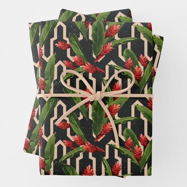 Tropical Floral on Geometric Black Wrapping Paper Sheet (In situ)