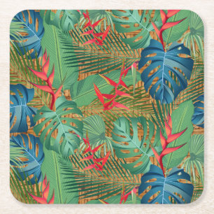 Tropical Floral on Wicker Print Square Paper Coaster