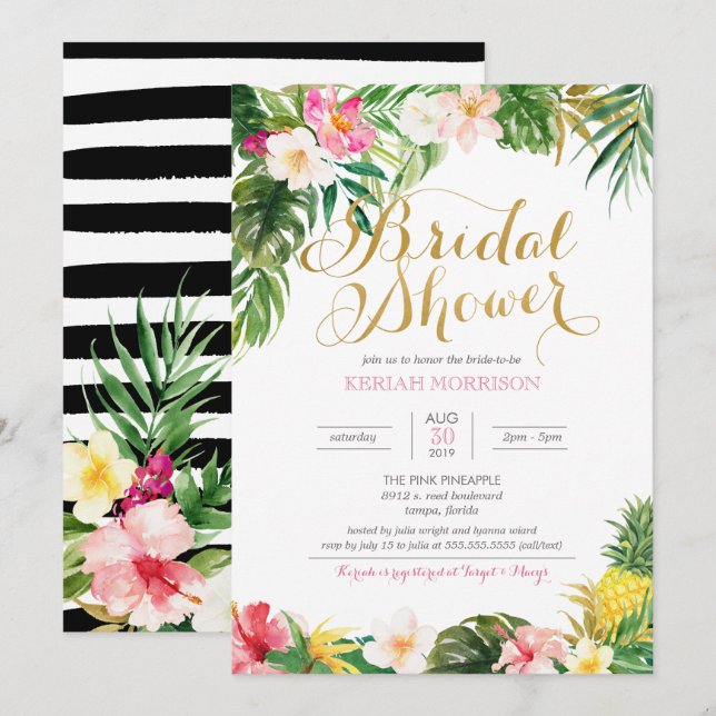 Tropical Floral or Luau Style Bridal Shower Invitation (Front/Back)