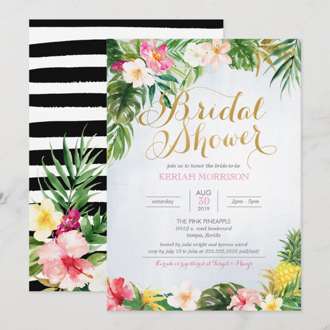 Tropical Floral or Luau Style Bridal Shower Invitation (Front/Back)