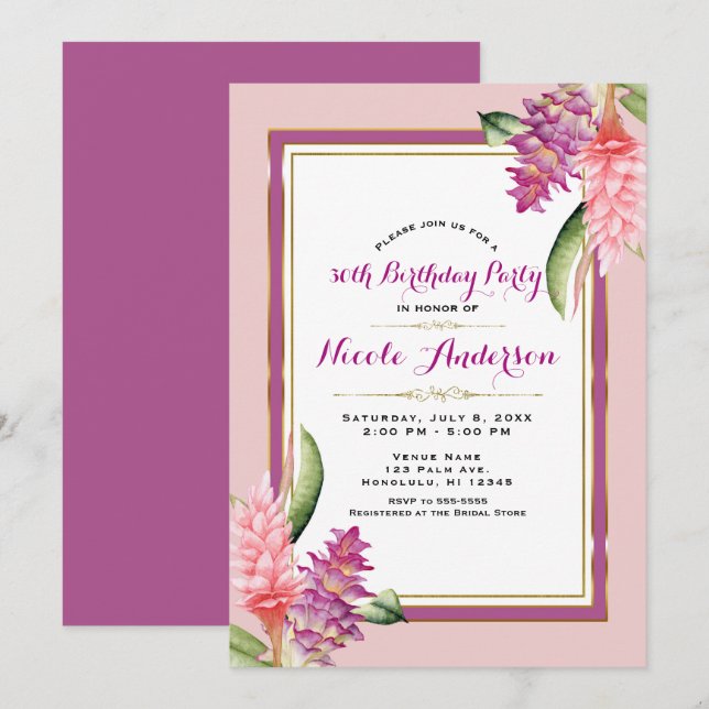 Tropical Floral Orchid Purple Pink Birthday Party Invitation (Front/Back)