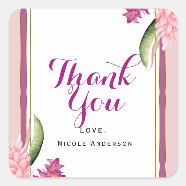 Tropical Floral Orchid Purple Pink Party Favour Square Sticker (Front)