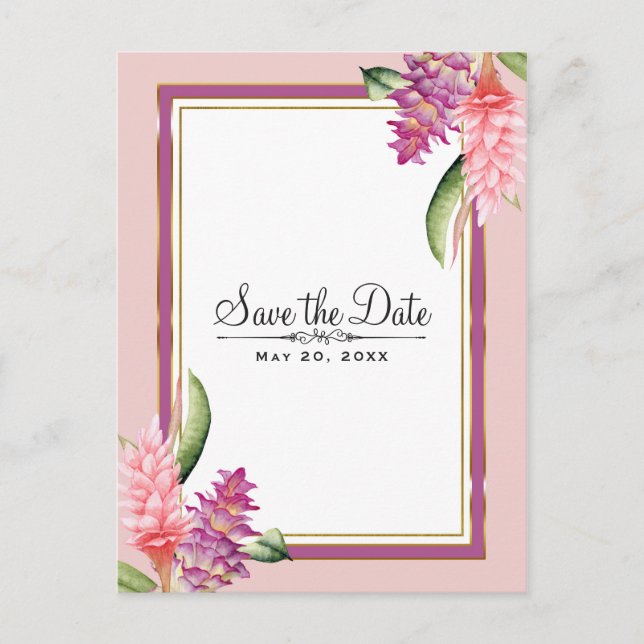 Tropical Floral Orchid Purple Pink Save the Date Announcement Postcard (Front)