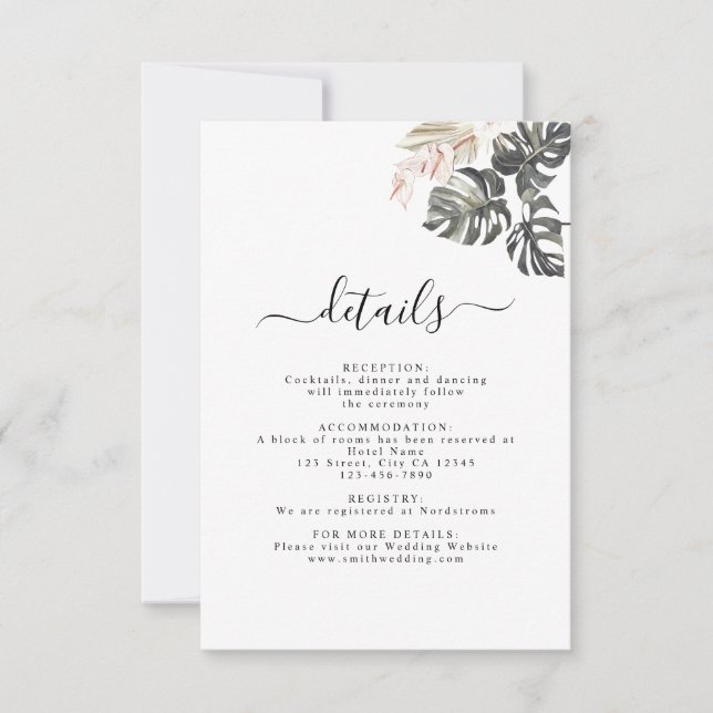 Tropical Floral Palm Bohemian Wedding Details Card (Front)