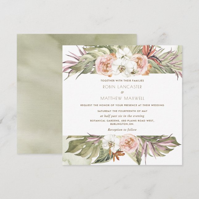 Tropical Floral Palm Leaf, Green Square Wedding In Invitation (Front/Back)