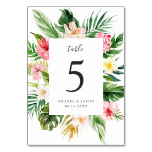 Tropical Floral Palm Leaves Blush Elegant Wedding Table Number