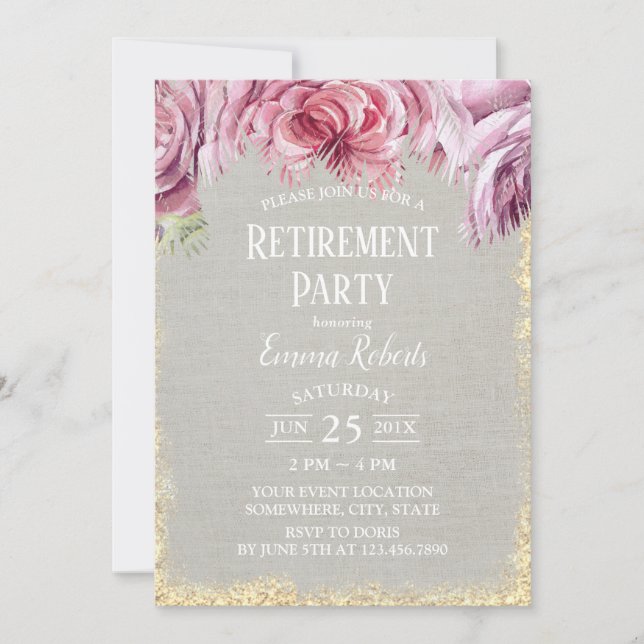 Tropical Floral Palm Tree Gold Glitter Retirement Invitation (Front)