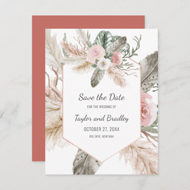 Tropical Floral Pampas Grass, Feathers, Rustic | I Save The Date (Front/Back)