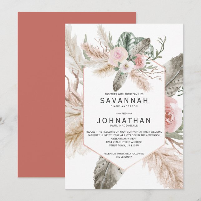 Tropical Floral Pampas Grass, Feathers, Rustic | Invitation (Front/Back)