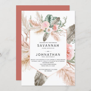 Tropical Floral Pampas Grass, Feathers, Rustic Invitation