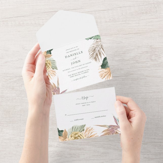  Tropical Floral Paradise Beach Wedding RSVP All In One Invitation (Tearaway)