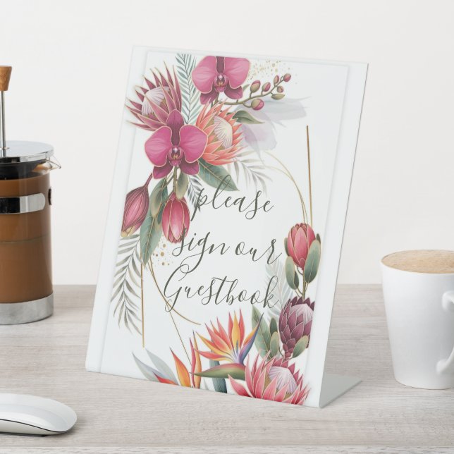 Tropical Floral Paradise Botanical Gold Wedding  Pedestal Sign (In SItu)