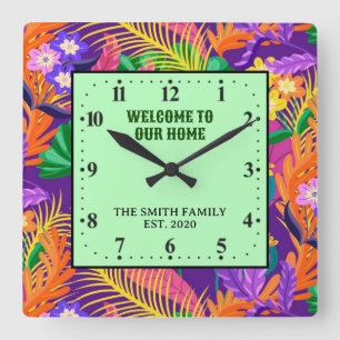 Tropical Floral Pattern Custom Text-23148 Square Wall Clock