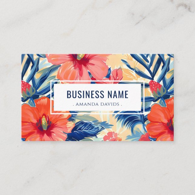 Tropical Floral Pattern Hibiscus Flowers QR Code Business Card (Front)