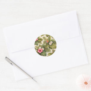 Tropical Floral Pattern – Hibiscus, Monstera Classic Round Sticker