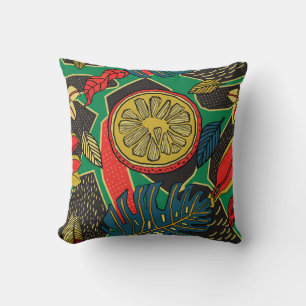 Tropical floral pattern in doodle style with fruit cushion