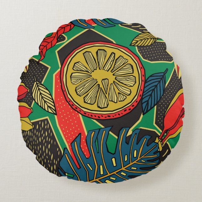 Tropical floral pattern in doodle style with fruit round cushion (Front)