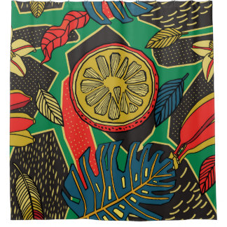 Tropical floral pattern in doodle style with fruit shower curtain